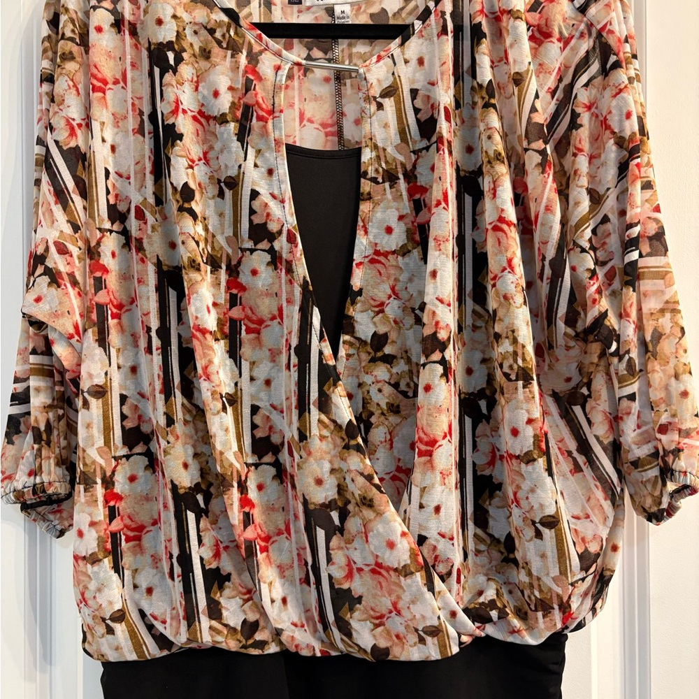 Jennifer Lopez Floral Striped Blouse - Red, Brown, Black